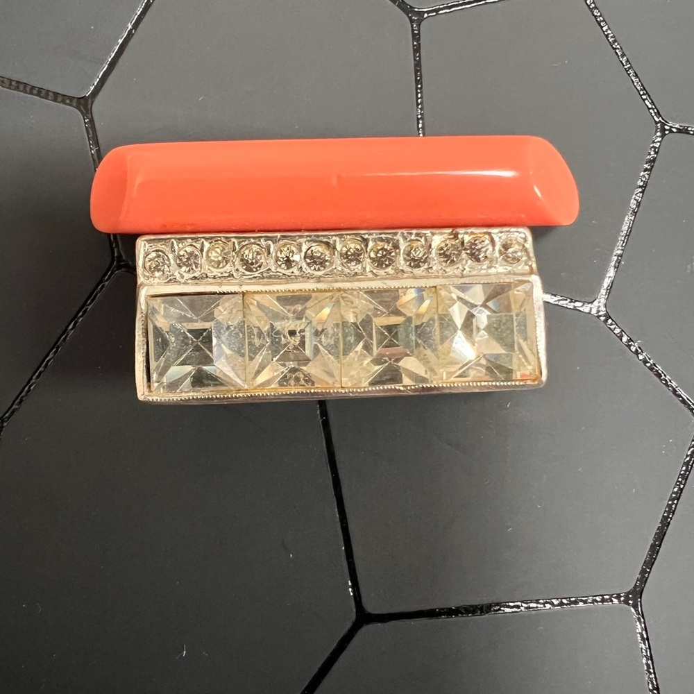 Art Deco Coral Colored Bar and Rhinestone Antique Brooch 1920’s - Picture 1 of 5